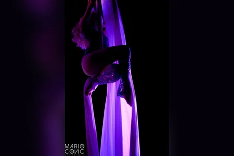 A performer suspended in purple aerial silks